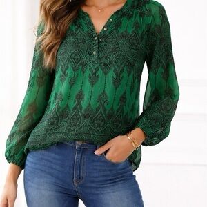 Sara Michelle PM Green Paisley Sheer Blouse Petite Medium Boho Long Sleeve Top